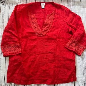 Sigrid Olsen Linen Shirt Womens Small Orange Boho Peasant Embroidered V Neck Top